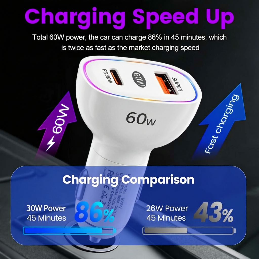 Dual Port 60W Car Charger USB  - Usb C Power Adapter recension och pris